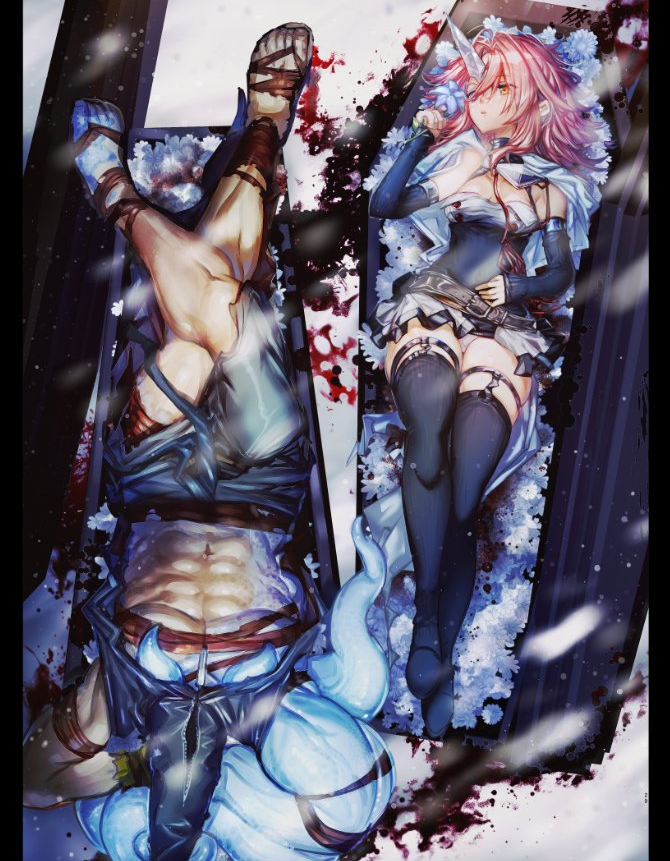 narita imomushi, commentary request, 1boy, 1girl, abs, armband, arms behind head, belt, belt buckle, black hood, black shirt, black shorts, black sleeves, blood, blue eyes, breasts, brown belt, buckle, cape, cleavage, closed mouth, coffin, crossed legs, crystal, crystal horns, detached sleeves, feet, full body, gloves, hair between eyes, hand up, heterochromia, horns, in container, killing me/killing you, legwear garter, long sleeves, lying, medium breasts, medium hair, meteor (killing me/killing you), miniskirt, multiple boys, mutation, navel, on back, orange eyes, pillarboxed, pink hair, red bandage, sandals, shirt, shorts, single horn, skirt, sleeveless, sleeveless shirt, sleeves past wrists, thighhighs, thighs, white cape, white skirt, yellow gloves, youthanasia (killing me/killing you), zettai ryouiki, zipper, zipper pull tab
