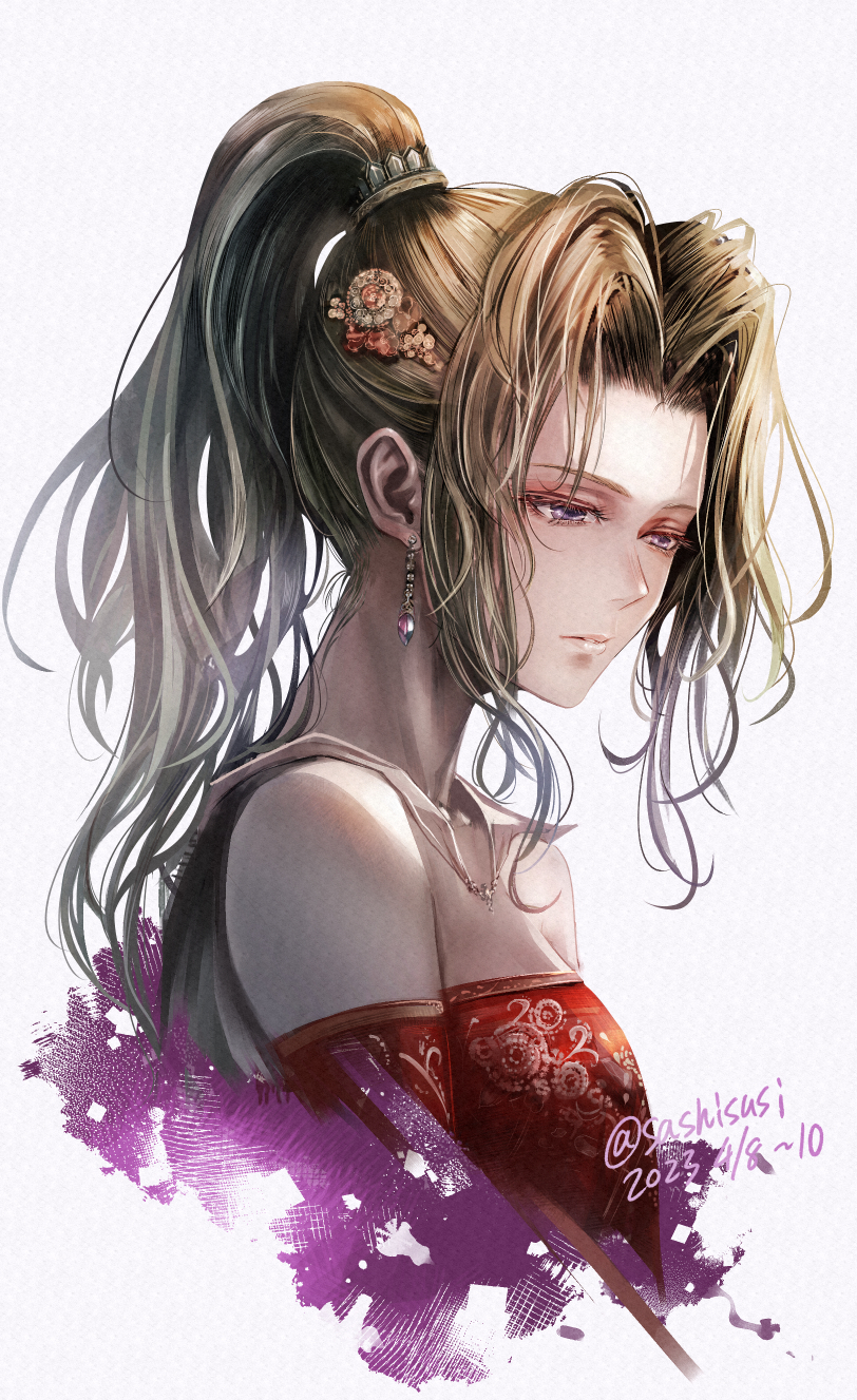sushi (sashimise), tina branford, final fantasy, final fantasy vi, highres, 1girl, bare shoulders, cape, cropped arms, cropped torso, dated, dress, earrings, from side, green hair, hair intakes, hair ornament, high ponytail, jewelry, lips, long hair, looking down, parted bangs, ponytail, portrait, purple eyes, red dress, solo, strapless, strapless dress, twitter username, white background