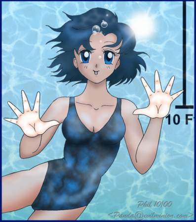 mizuno ami, bishoujo senshi sailor moon, artist request, lowres, 00s, 1girl, 2000, blue eyes, blue hair, blue one-piece swimsuit, blue school swimsuit, blush, breasts, bubble, cleavage, collarbone, dated, looking at viewer, medium breasts, october, one-piece swimsuit, pool, school swimsuit, short hair, smile, swimsuit, tongue, tongue out, underwater, water