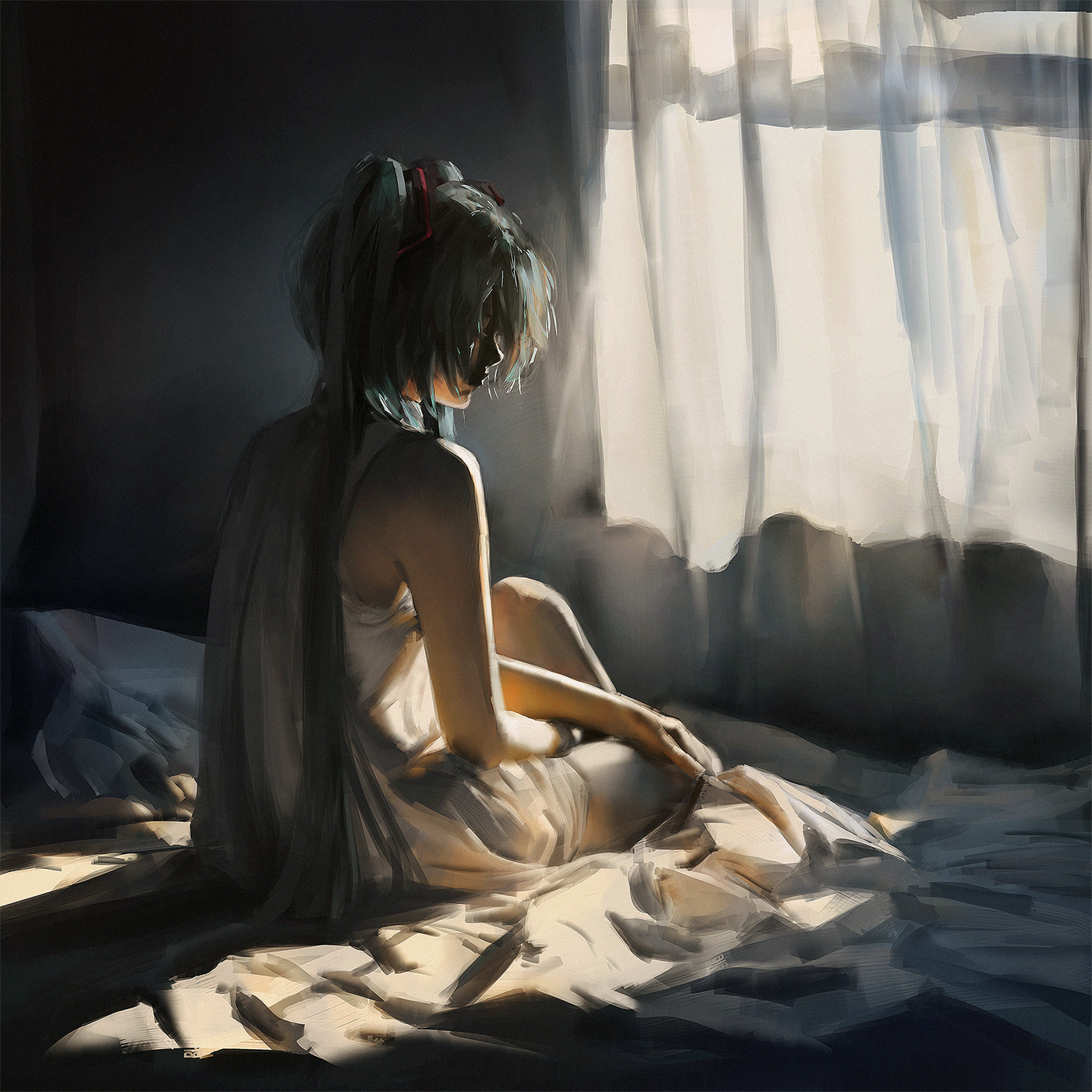 pluvium grandis, hatsune miku, vocaloid, commentary, english commentary, highres, 1girl, aqua hair, art study, bed sheet, curtains, dress, hair ornament, indoors, long hair, nightgown, painterly, profile, realistic, shadow, sitting, sleepwear, sleeveless, sleeveless dress, solo, sunlight, very long hair, white nightgown