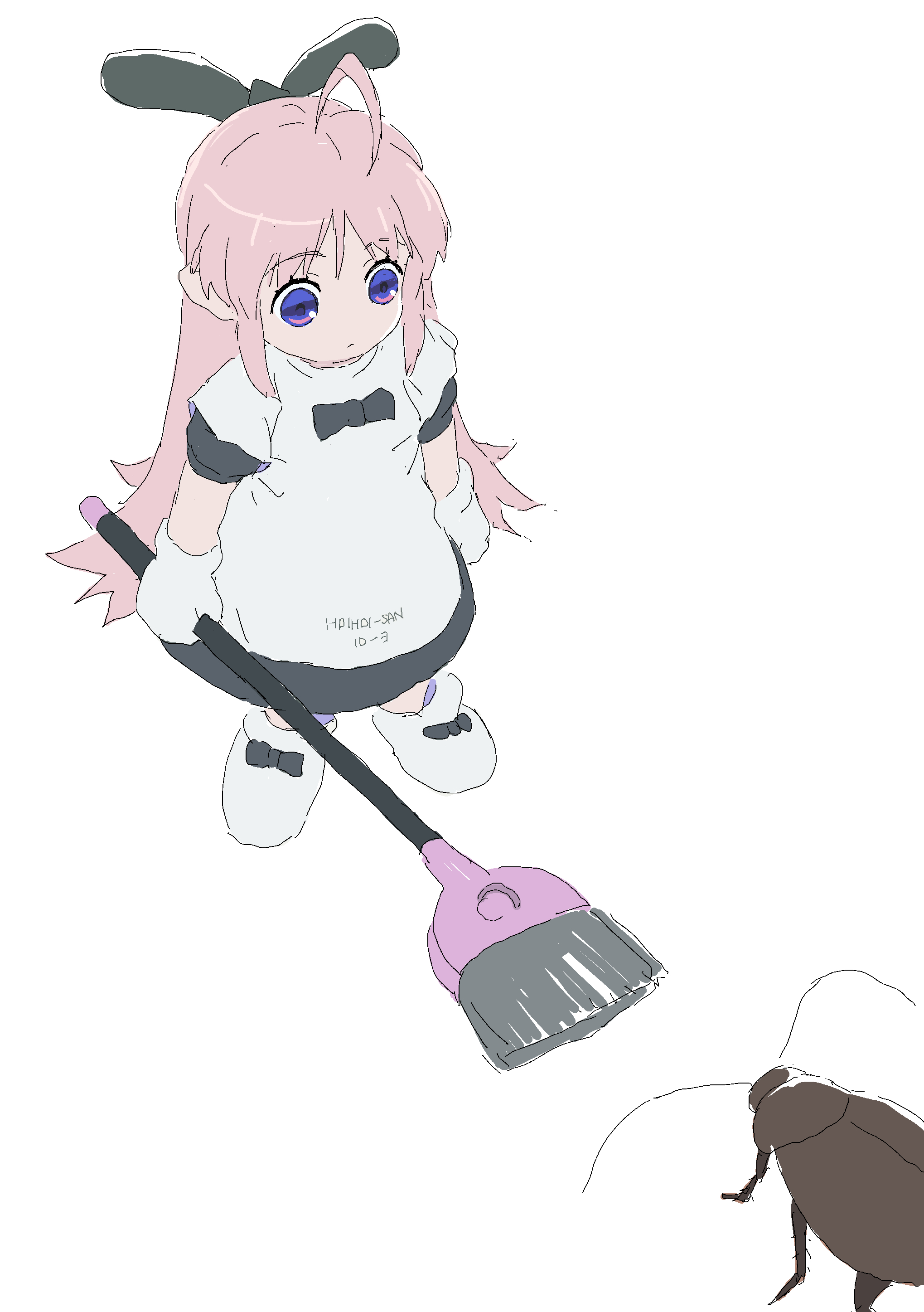 mmmkawaine, hoihoi-san, ichigeki sacchuu!! hoihoi-san, absurdres, highres, 1girl, ahoge, apron, broom, bug, character name, clothes writing, cockroach, expressionless, gloves, insect, maid, maid apron, mini person, minigirl, pink hair, purple eyes, robot, robot girl, simple background, white background, white gloves