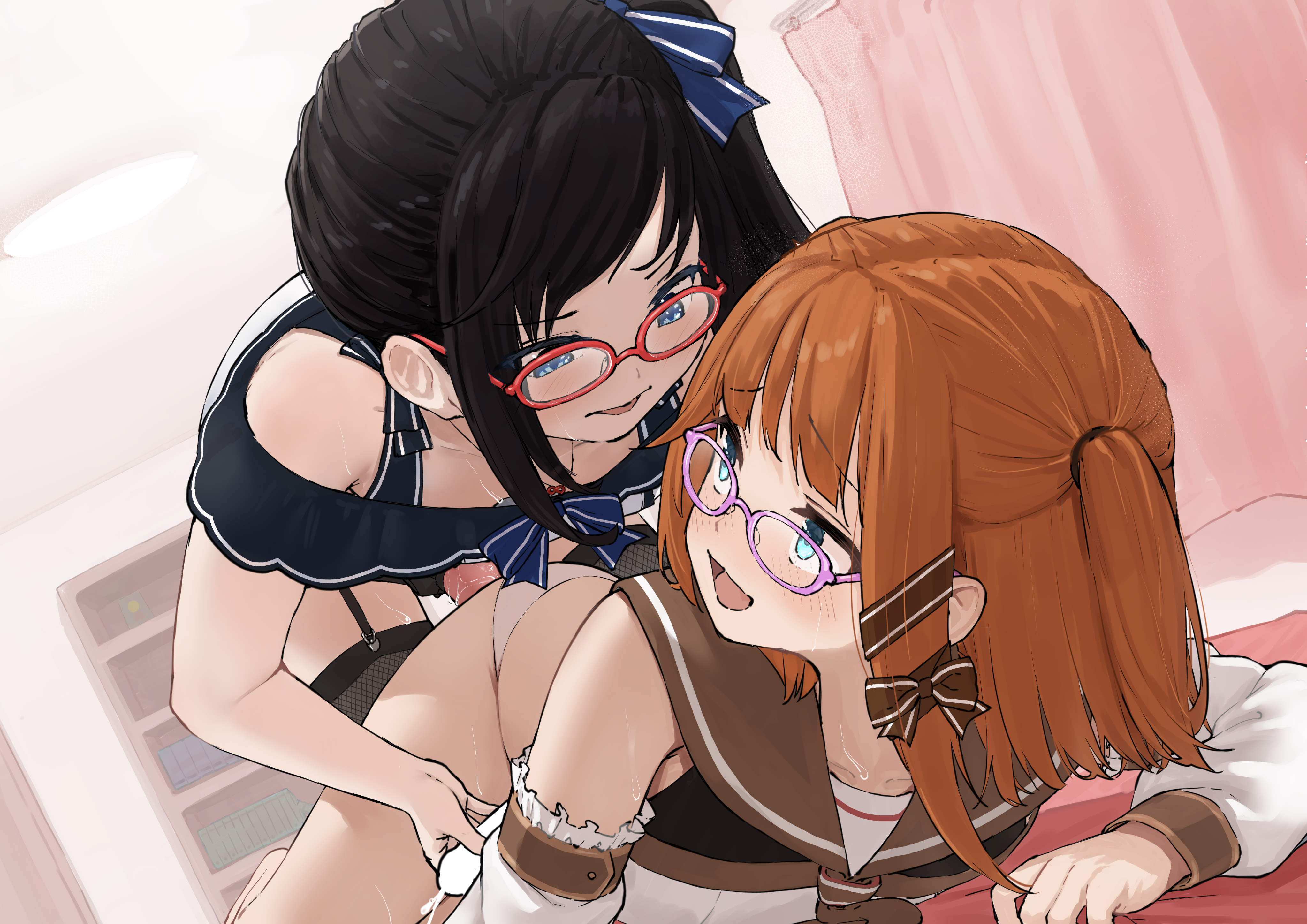 omochi art753, indie virtual youtuber, absurdres, commission, highres, skeb commission, 1boy, 1girl, akagane yoru, anal, anal fluid, aqua eyes, black garter straps, black hair, blank censor, blue bow, blue eyes, blush, bow, brown ribbon, brown sailor collar, censored, clothed sex, crossdressing, crossdressing (mtf), cum, curtains, detached sleeves, dildo, ejaculating while penetrated, ejaculation, erection, fishnet thighhighs, fishnets, furrowed brow, garter straps, glasses, hair ribbon, handjob, higarame shion, jewelry, kneeling, legs together, long hair, looking at another, looking back, lying, male focus, male penetrated, medium hair, multicolored shirt, necklace, off shoulder, on bed, on stomach, open mouth, orange hair, panties, pegging, penis, pink-framed eyewear, projectile cum, raised inner eyebrows, red-framed eyewear, ribbon, sailor collar, sailor shirt, sex, sex from behind, sex toy, shirt, side ponytail, straight hair, strap-on, sweat, thighhighs, thighs, trap, two side up, underwear, virtual youtuber, white panties