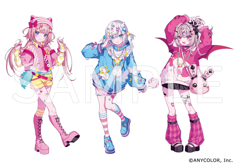 tatejima uri, ars almal, makaino ririmu, suo sango, nijisanji, official art, 3girls, :d, angel wings, animal bag, animal ear headwear, arm warmers, arms up, baby bottle, bag, bandaid, bandaid on leg, bare shoulders, black choker, black scrunchie, black shoes, black skirt, blue eyes, blue jacket, blue shoes, blunt bangs, boots, bottle, bow, candy, chain, chain necklace, choker, closed mouth, clothing cutout, collared shirt, colored inner hair, copyright notice, cross-laced clothes, cross-laced sleeves, decora, demon wings, fake animal ears, fang, food, food print, four-finger heart hands, frilled sleeves, frills, fruit print, full body, grey hair, hair bow, hair intakes, hair ornament, hair over shoulder, hair scrunchie, hairpin, half-heart hands, hand on own cheek, hand on own face, hat, hat bow, heart, heart hands, heart print, holding, holding candy, holding food, holding own hair, hood, hood down, hoodie, jacket, jewelry, knee boots, lace-up boots, leg tattoo, leg warmers, long hair, long sleeves, low twintails, miniskirt, multicolored hair, multiple girls, multiple hairpins, nail polish, necklace, necktie, official alternate costume, official alternate hairstyle, one side up, open mouth, parted lips, pink boots, pink bow, pink hair, pink hat, pink hoodie, pink leg warmers, pink nails, pink shirt, pink socks, plaid clothes, plaid leg warmers, platform shoes, pleated skirt, pointy ears, rabbit bag, red eyes, red necktie, red wings, sample watermark, scrunchie, shirt, shoes, short hair, short shorts, shorts, shoulder bag, shoulder cutout, sidelocks, simple background, skirt, sleeves past wrists, smile, socks, standing, standing on one leg, sticker, sticker on face, strawberry print, streaked hair, striped arm warmers, striped clothes, striped hat, striped socks, stuffed animal, stuffed rabbit, stuffed toy, tattoo, thigh strap, track jacket, twintails, two-tone hoodie, virtual youtuber, watermark, white arm warmers, white background, white hair, white hat, white hoodie, white socks, winged heart, winged heart tattoo, wings, yellow arm warmers, yellow shorts, yellow socks