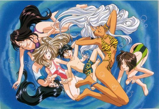 belldandy, mishima sayoko, morisato keiichi, morisato megumi, skuld (aa megami-sama), urd (aa megami-sama), aa megami-sama, 1boy, 5girls, anklet, bikini, blonde hair, bracelet, brown hair, earrings, facial mark, forehead mark, jewelry, long hair, multiple girls, slingshot swimsuit, swimsuit, underwater, white hair