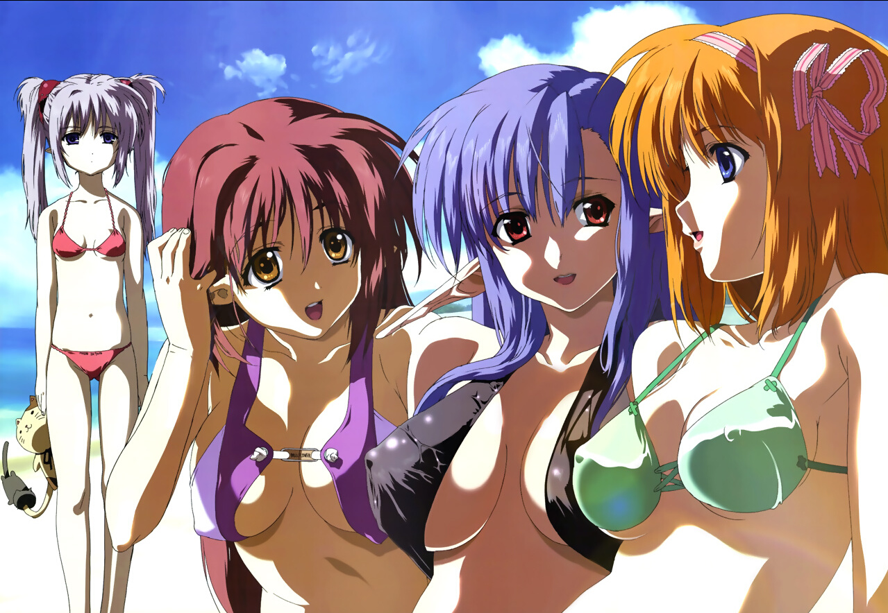 fuyou kaede, lisianthus, nerine, primula, shuffle!, tagme, 4girls, bikini, covered erect nipples, elf, multiple girls, pointy ears, swimsuit