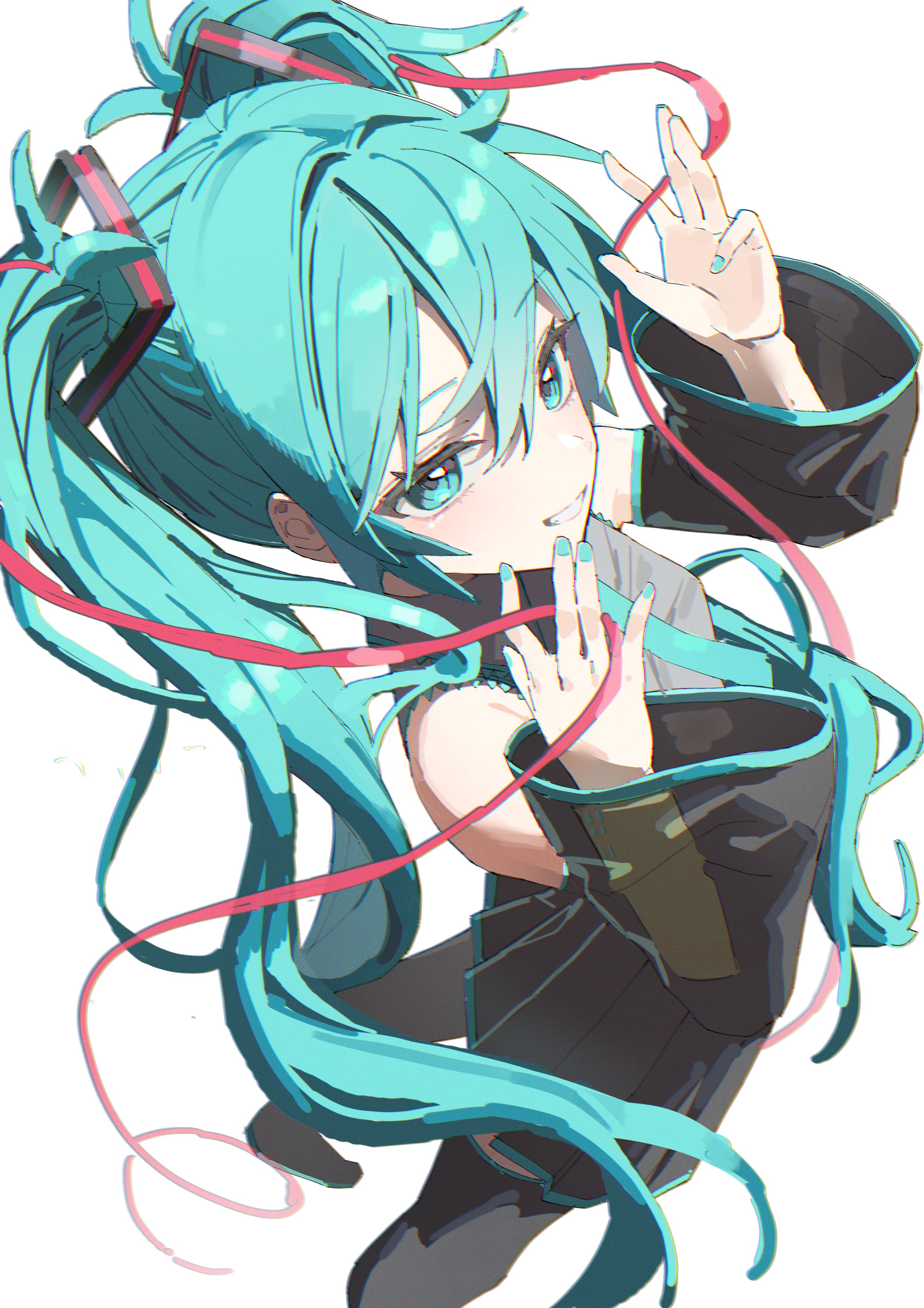 taemim, hatsune miku, vocaloid, absurdres, hashtag-only commentary, highres, 1girl, aqua eyes, aqua hair, aqua nails, black skirt, grey shirt, grin, hair between eyes, hands up, long hair, looking at viewer, miniskirt, pleated skirt, shirt, simple background, skirt, smile, solo, teeth, twintails, white background