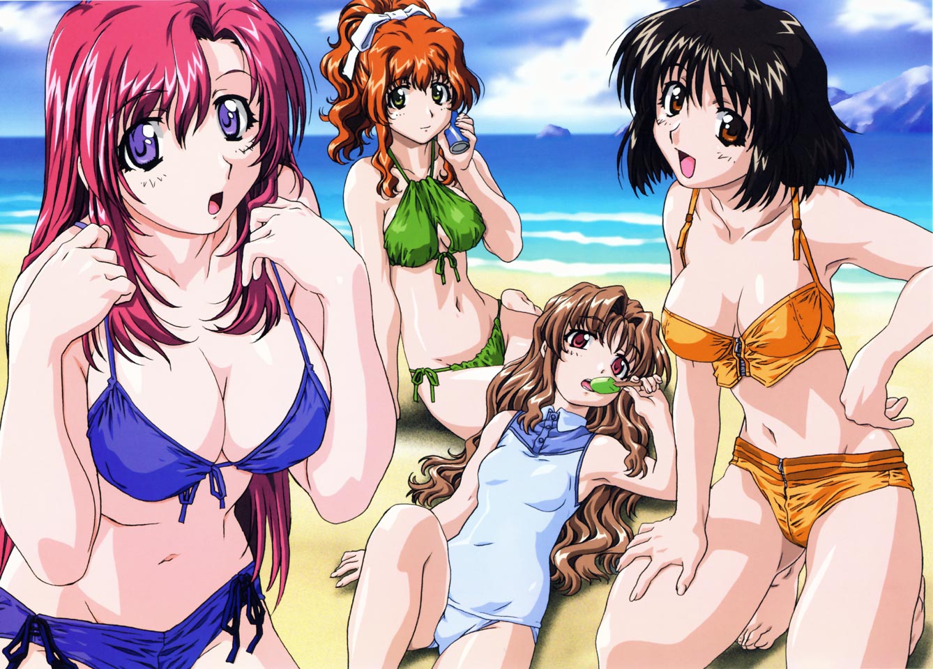 hayashiya shizuru, uon taraku, herikawa koishi, kazami mizuho, misumi kaede, morino ichigo, onegai teacher, scan, 4girls, :d, :o, armpits, barefoot, beach, bikini, black hair, blush, bow, breasts, brown eyes, brown hair, can, casual one-piece swimsuit, cleavage, cleavage cutout, cloud, embarrassed, feet, flat chest, front-tie top, green eyes, hair bow, hand on own hip, kneeling, large breasts, long hair, lying, mountain, multiple girls, navel, on back, one-piece swimsuit, open mouth, orange hair, outdoors, pink eyes, pink hair, ponytail, popsicle, purple eyes, red eyes, short hair, side-tie bikini bottom, sitting, sky, smile, swimsuit, water, wavy hair, zipper