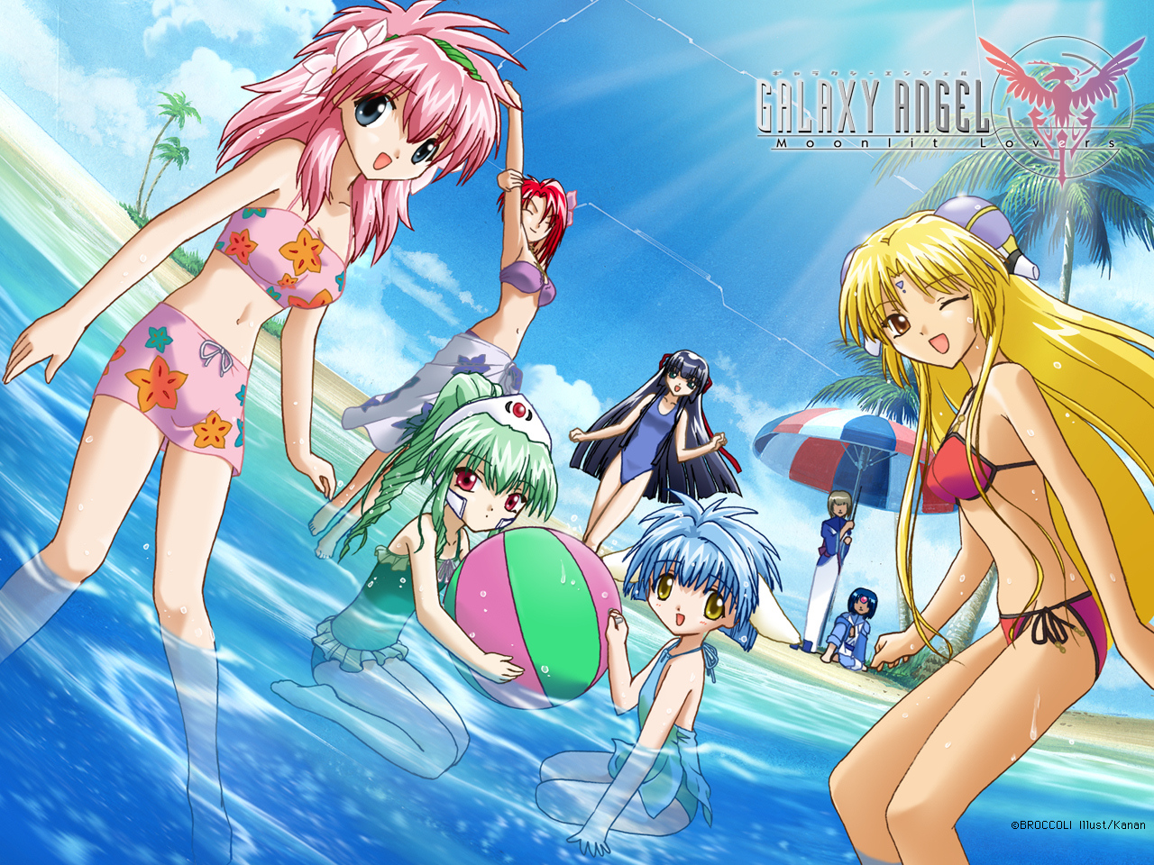 kanan, forte stollen, karasuma chitose, milfeulle sakuraba, mint blancmanche, ranpha franboise, shiva transbaal, vanilla h, galaxy angel, character request, 6+girls, animal ears, arm up, barefoot, beach, beach umbrella, bikini, bikini skirt, black hair, blonde hair, blue hair, blue jacket, blue one-piece swimsuit, blue pants, blush, breasts, brown eyes, brown hair, cleavage, closed eyes, cloud, collarbone, dark skin, facial mark, flat chest, floral print, flower, forehead mark, green hair, green one-piece swimsuit, grey eyes, hair flower, hair ornament, hair ribbon, hairband, headpiece, jacket, light rays, long hair, long sleeves, looking at viewer, medium breasts, multiple girls, navel, ocean, one-piece swimsuit, one eye closed, open mouth, palm tree, pants, parted lips, pink bikini, pink flower, pink hair, ponytail, print bikini, purple bikini, red bikini, red eyes, red hair, red ribbon, ribbon, sand, sarong, side-tie bikini bottom, skirt, sky, smile, stretching, sunbeam, sunlight, swimsuit, swimsuit skirt, tree, umbrella, wading, water, wet, white sarong, white skirt, wink, yellow eyes