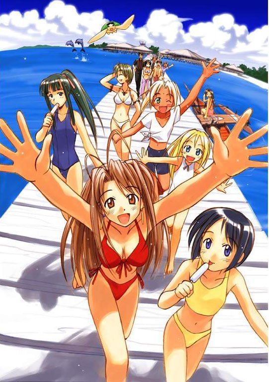 akamatsu ken, aoyama motoko, haitani masayuki, kaolla su, konno mitsune, maehara shinobu, narusegawa naru, otohime mutsumi, sarah mcdougal, seta noriyasu, shirai kimiaki, tama (love hina), urashima haruka, urashima keitarou, love hina, red neckwear, swimwear, official art, 4boys, 6+girls, ^ ^, afterimage, antenna hair, barefoot, beach, bikini, black hair, black shirt, blonde hair, blue eyes, blush stickers, breasts, brown eyes, brown hair, closed eyes, cloud, collared shirt, dolphin, earrings, everyone, facing viewer, flat chest, floating, food, front-tie bikini top, front-tie top, glasses, green eyes, green hair, happy, high ponytail, jewelry, large breasts, licking, long hair, looking at viewer, looking back, male swimwear, medium breasts, multiple boys, multiple girls, necktie, ocean, one-piece swimsuit, one eye closed, open mouth, outdoors, pants, pier, ponytail, popsicle, red bikini, sarong, school swimsuit, shirt, short hair, side-tie bikini bottom, sky, small breasts, smile, standing, swim trunks, swimsuit, tree, turtle, walking, waving, white bikini, white one-piece swimsuit, wink, yellow bikini