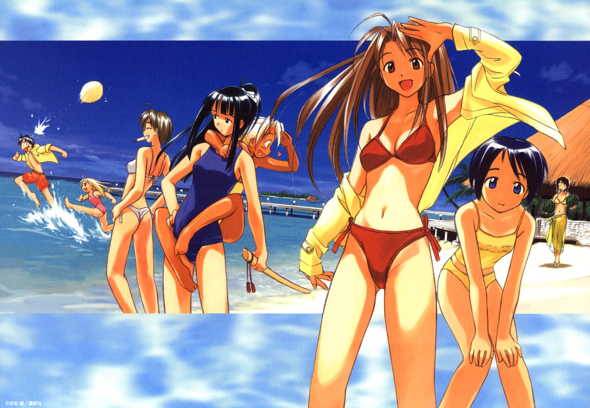 love hina, highres, tagme, bikini, flip-flops, sandals, school swimsuit, swimsuit