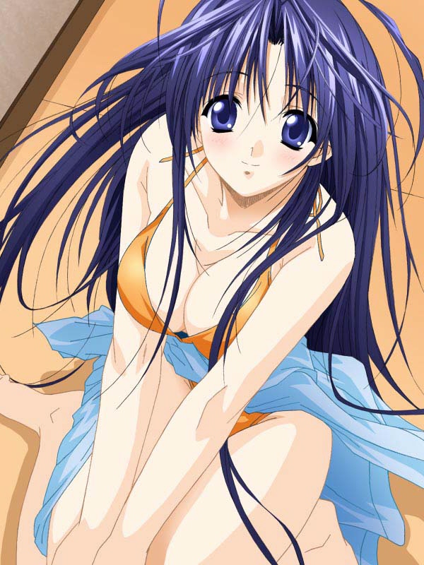 suzuhira hiro, android type a, tune up!!, 1girl, barefoot, bikini, blue eyes, blue hair, breasts, cleavage, clothes around waist, collarbone, large breasts, long hair, looking at viewer, orange bikini, shirt, shirt around waist, sitting, smile, swimsuit