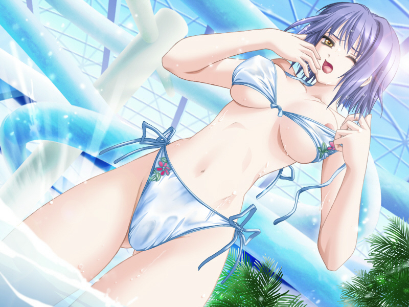 artist request, character request, source request, tagme, 1girl, areola slip, bikini, blue hair, breasts, female focus, gluteal fold, large breasts, navel, open mouth, side-tie bikini bottom, solo, standing, swimsuit, water, yellow eyes