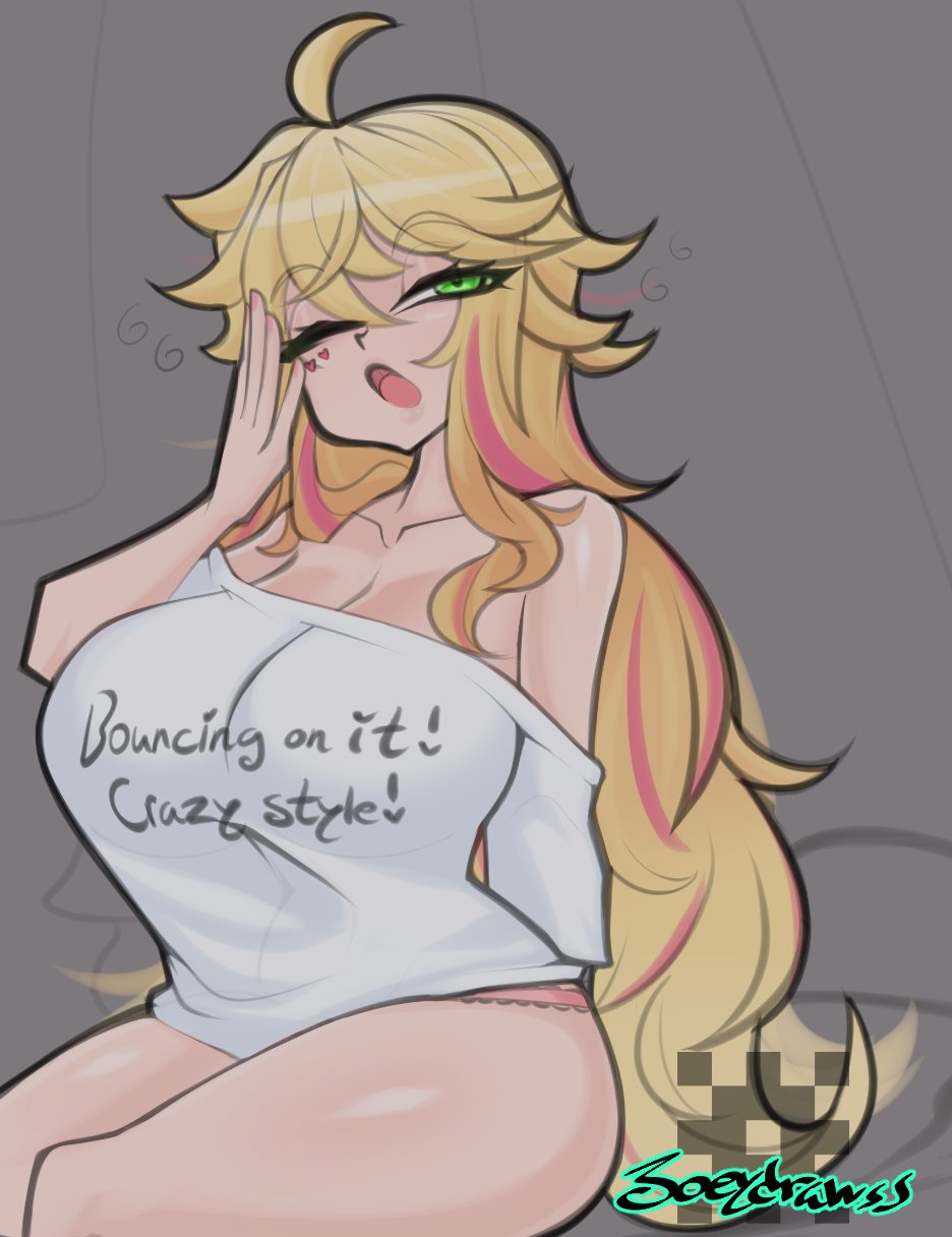 joeydrawss, lulu lasso, indie virtual youtuber, 1girl, blonde hair, breasts, curly hair, green eyes, huge breasts, long hair, one eye closed, open mouth, shirt, sketch, solo, t-shirt, thighs, virtual youtuber, waking up, watermark, yawning