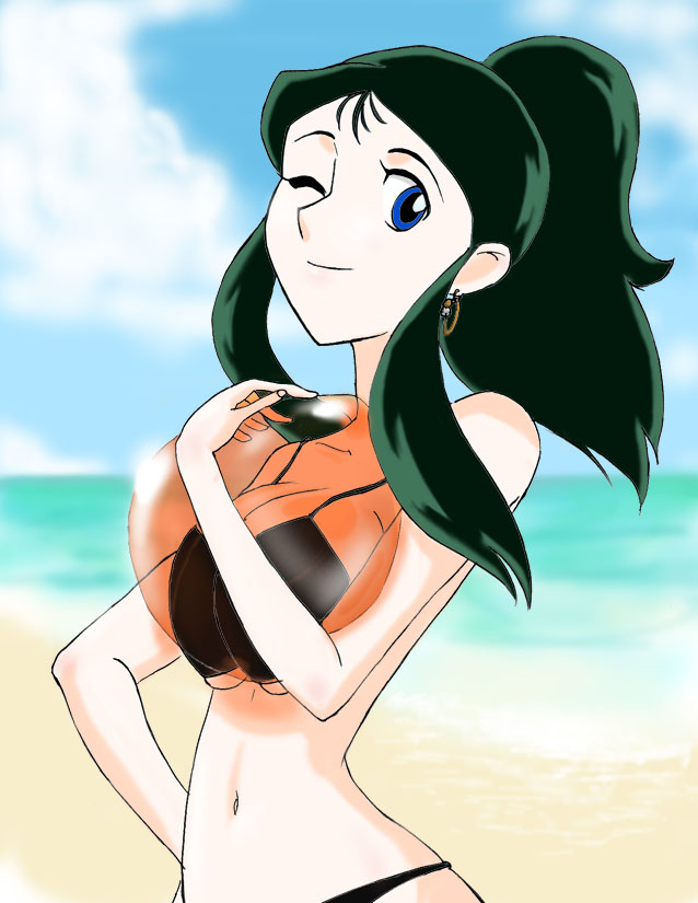 ginrei (giant robo), giant robo, official art, scan, 1girl, bikini, black bikini, black hair, blue eyes, breasts, day, female focus, green hair, hand on own hip, high ponytail, large breasts, long hair, outdoors, ponytail, retro artstyle, solo, swimsuit