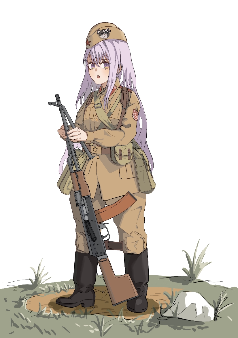 aojiao lin yuansu, rpk-203 (girls' frontline), girls' frontline, 1girl, ammunition pouch, bag, belt, belt buckle, belt pouch, bipod, black boots, boots, buckle, collar tabs, garrison cap, grass, gun, hat, kalashnikov rifle, light machine gun, long hair, machine gun, military combat uniform, military uniform, open mouth, pouch, purple eyes, purple hair, red star, rpk, rpk-203, shoulder bag, shoulder boards, shoulder strap, soldier, soviet, soviet army, star (symbol), weapon
