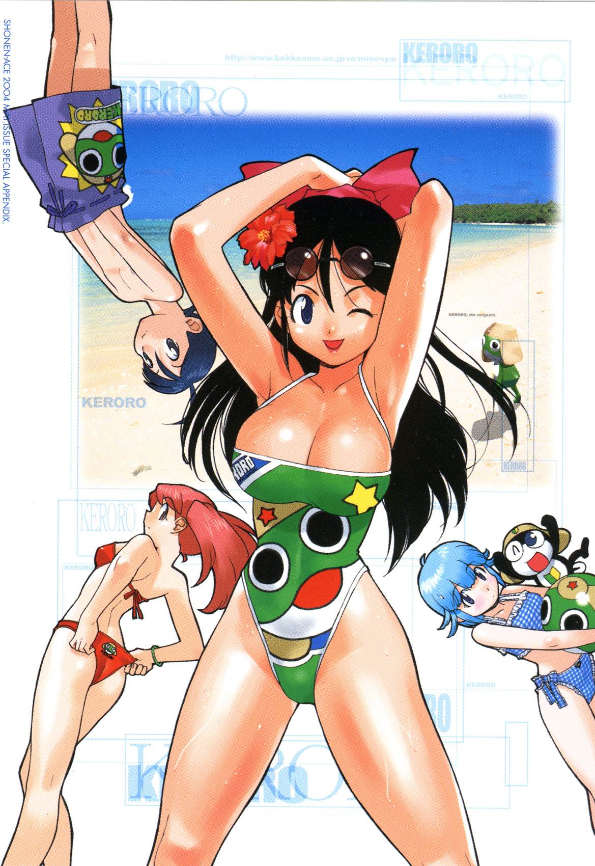 ne-on, yoshizaki mine, hinata aki, hinata fuyuki, hinata natsumi, keroro, nishizawa momoka, tamama, keroro gunsou, highres, official art, 00s, 2004, 3boys, 3girls, adjusting clothes, adjusting swimsuit, ahoge, alien, animal, animal print, arms behind head, arms up, ball, beach, beachball, bikini, black hair, blue bikini, blue eyes, blue hair, blue skin, blue swim trunks, bow, bow bikini, bracelet, breasts, brother and sister, character print, cleavage, clothes writing, collarbone, colored skin, eyewear on head, family, flower, frog, frog print, green one-piece swimsuit, green skin, hair bow, hair flower, hair ornament, hands in pockets, hat, highleg, highleg one-piece swimsuit, holding, holding ball, holding beachball, jewelry, large breasts, long hair, male swimwear, mature female, medium breasts, mother and daughter, mother and son, multiple boys, multiple girls, ocean, one-piece swimsuit, one eye closed, open mouth, pink hair, plaid bikini, plaid clothes, print bikini, print swim trunks, print swimsuit, purple eyes, red bikini, red bow, sand, short hair, shoshinsha mark, siblings, side-tie bikini bottom, sky, smile, standing, star (symbol), star print, sunglasses, sunglasses on head, swim trunks, swimsuit, topless male, tree, twintails, water, wet, wink, yellow hat