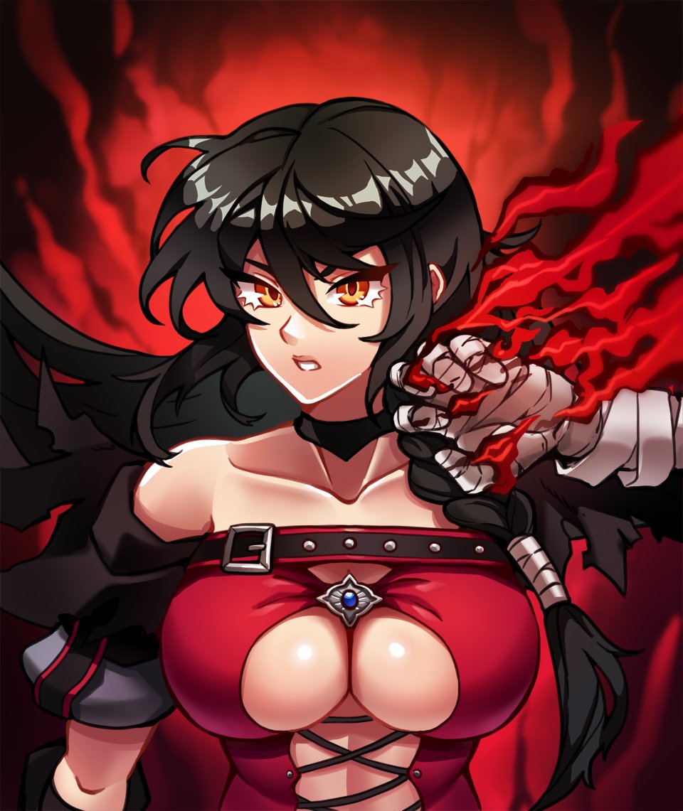hakuramen, velvet crowe, namco, tales of (series), tales of berseria, 1girl, black hair, breasts, collarbone, large breasts, long hair, solo, underboob