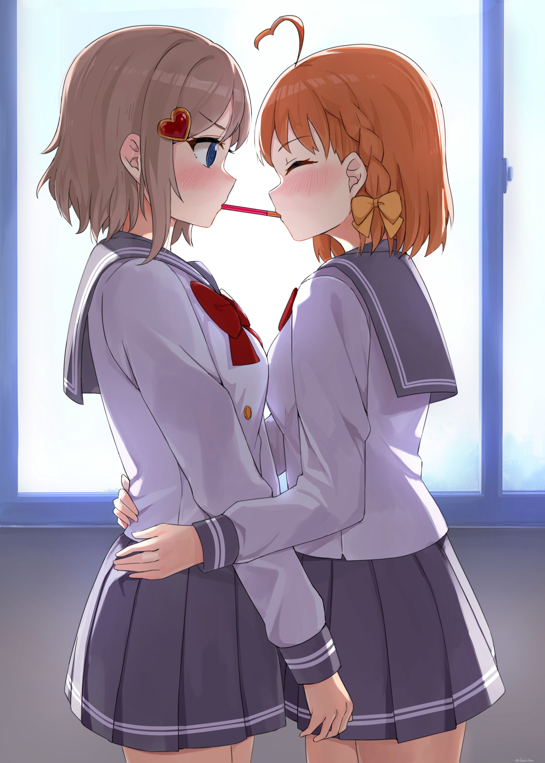 feza chen (ushaku), takami chika, watanabe you, love live!, love live! sunshine!!, absurdres, commentary, commentary request, english commentary, highres, mixed-language commentary, 2girls, ahoge, blue eyes, blush, bow, bowtie, brown hair, closed eyes, cowboy shot, food, from side, grey sailor collar, grey skirt, hair between eyes, hair bow, hair ornament, heart, heart ahoge, heart hair ornament, hug, indoors, long sleeves, looking at another, medium hair, multiple girls, orange hair, pleated skirt, pocky, pocky day, pocky kiss, red bow, red bowtie, sailor collar, school uniform, shared food, shirt, skirt, uranohoshi school uniform, white shirt, yellow bow, yuri