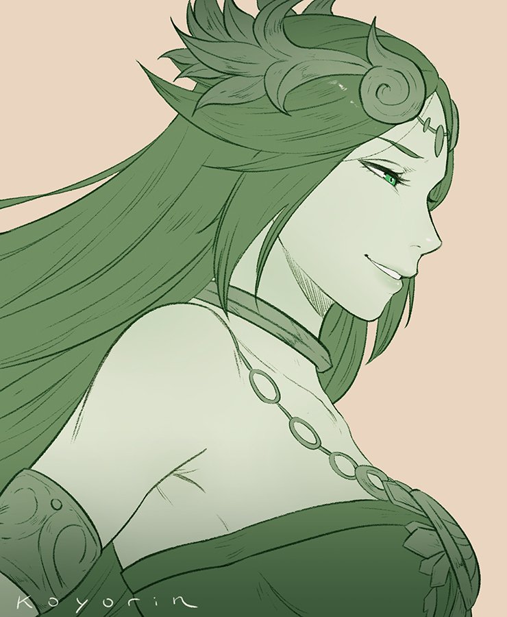 koyorin, palutena, kid icarus, kid icarus uprising, nintendo, 1girl, bare shoulders, breasts, chain, circlet, from side, green theme, jewelry, long hair, medium breasts, necklace, parted lips, pendant, profile, sideboob, signature, simple background, solo, upper body