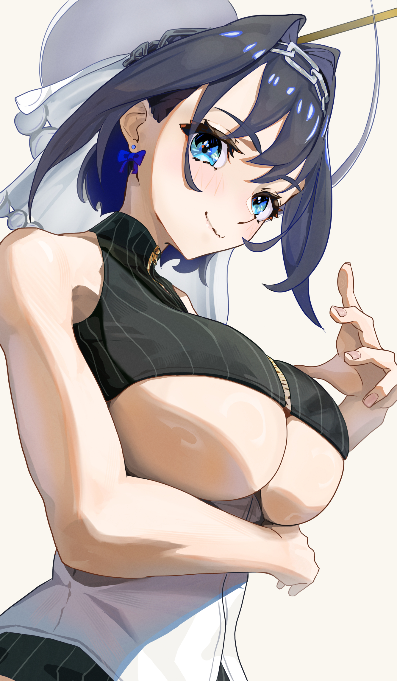 ash (ashsa689), ouro kronii, ouro kronii (1st costume), hololive, hololive english, commentary, english commentary, highres, 1girl, arm under breasts, black shirt, blue eyes, blue hair, blush, bow, bow earrings, breasts, chain, chain headband, closed mouth, crop top, earrings, fingernails, hair intakes, halo, hand up, jewelry, large breasts, looking at viewer, mechanical halo, pinstripe pattern, pinstripe shirt, shirt, short hair, simple background, sleeveless, sleeveless shirt, smile, solo, underboob, upper body, veil, virtual youtuber, white background, white veil, zipper pull tab
