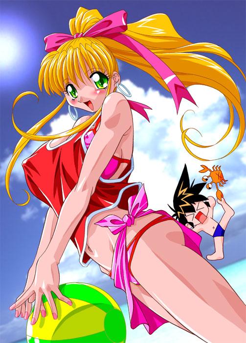 hindenburg (hindenburugu), copyright request, tagme, 1boy, 1girl, :d, black hair, blonde hair, bow, covered erect nipples, crab, green eyes, hair bow, long hair, looking at viewer, navel, open mouth, pink bow, pink nails, ponytail, short hair, sidelocks, smile, swimsuit, tareme