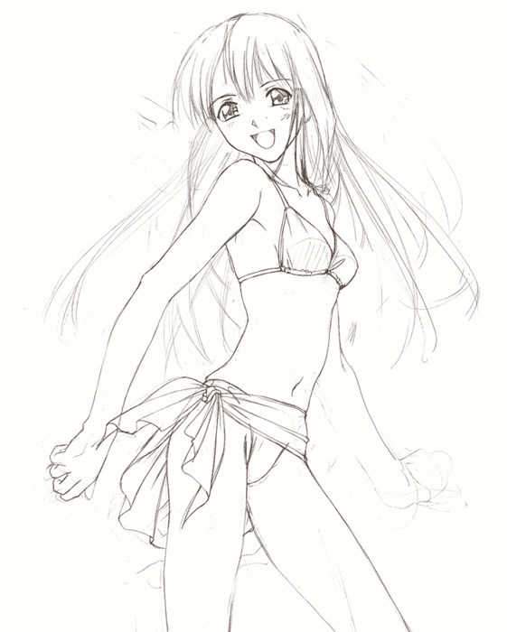 tagme, 1girl, breasts, cowboy shot, female focus, monochrome, navel, solo, standing, swimsuit, white background