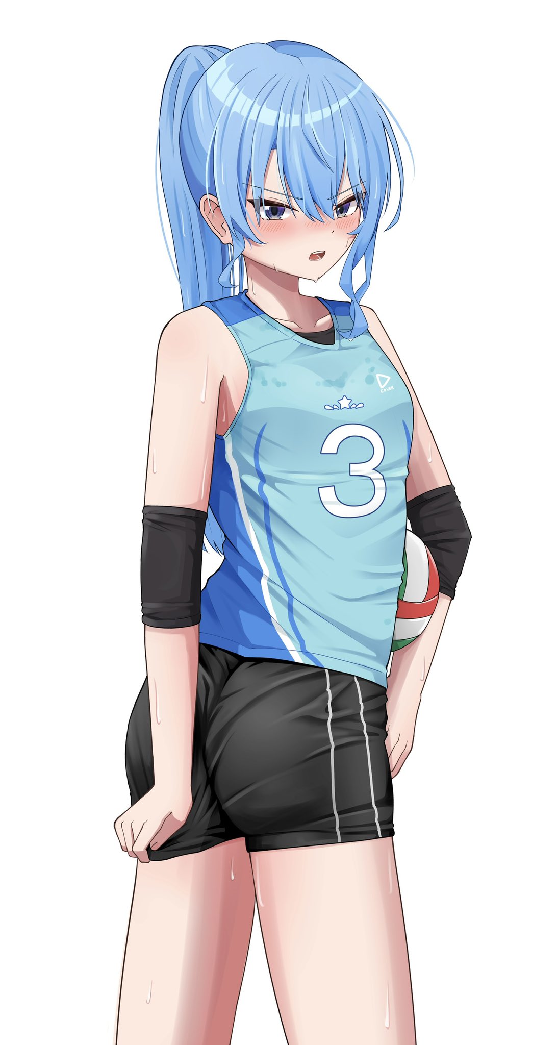 hiiragi melt, hoshimachi suisei, hololive, commentary, commentary request, highres, 1girl, ball, blue eyes, blue hair, blush, elbow pads, frown, hair between eyes, jersey, long hair, looking at viewer, open mouth, ponytail, shorts, shorts tug, sidelocks, simple background, sleeveless, solo, sportswear, star (symbol), star in eye, sweat, sweaty clothes, symbol in eye, thighs, virtual youtuber, volleyball (object), volleyball uniform, white background