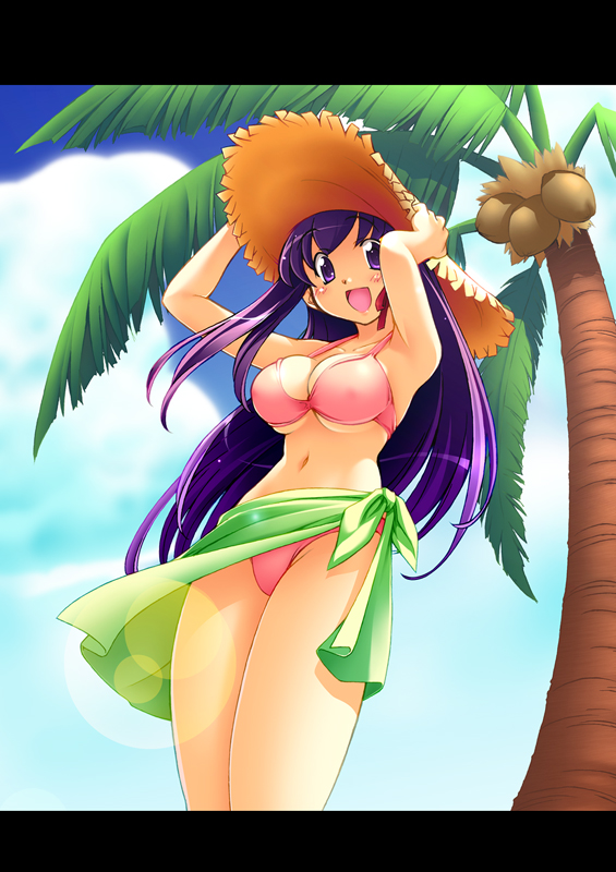 r-gray, matou sakura, fate/stay night, fate (series), 00s, 1girl, bikini, breasts, cleavage, day, female focus, hat, large breasts, lens flare, letterboxed, long hair, open mouth, palm tree, pink bikini, purple hair, sarong, smile, solo, straw hat, swimsuit, tree, underboob