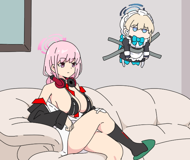 nyaru (nyaru 4126), eimi (blue archive), toki (blue archive), blue archive, commentary request, 2girls, apron, bare shoulders, black dress, black gloves, black jacket, black socks, blonde hair, blue bow, blue eyes, bow, breasts, cleavage, couch, crossed legs, dress, earpiece, fingerless gloves, gloves, green slippers, grey pantyhose, hair between eyes, halo, hat, headphones, headphones around neck, indoors, jacket, jitome, juliet sleeves, kid taped to wall (meme), large breasts, long sleeves, maid, maid headdress, meme, mob cap, multiple girls, off shoulder, on couch, open clothes, open jacket, pantyhose, pink hair, puffy sleeves, purple eyes, sitting, slippers, socks, tape, white apron