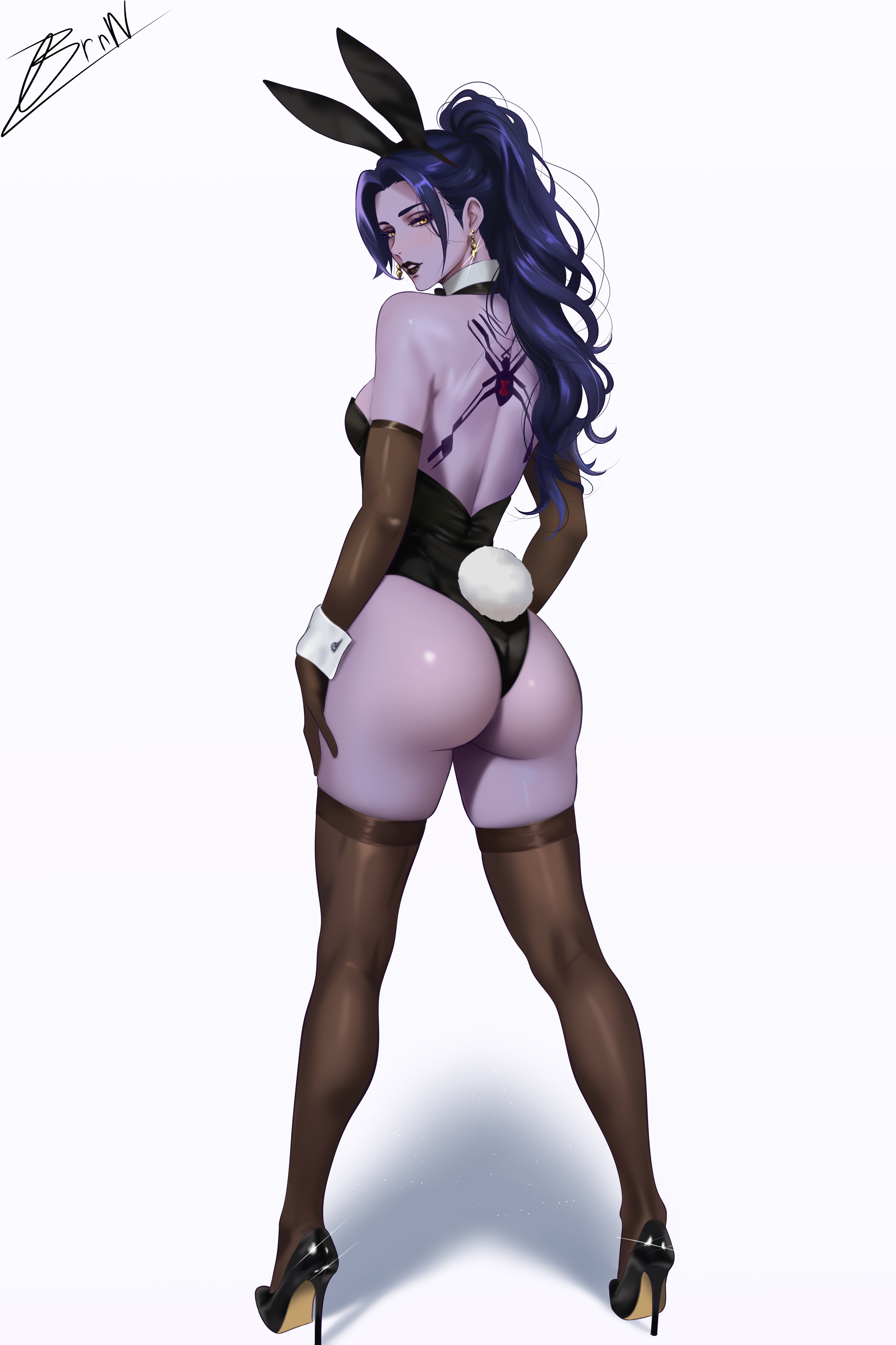 alvsdraws, widowmaker (overwatch), overwatch, absurdres, commentary, highres, 1girl, animal ears, ass, bare back, bare shoulders, black hair, black leotard, black lips, black shoes, breasts, brown pantyhose, colored eyelashes, colored skin, earrings, elbow gloves, eyeliner, fake animal ears, fake tail, forehead, from behind, full body, gloves, hand on own hip, high heels, high ponytail, highleg, highleg leotard, jewelry, legs, legs apart, leotard, long hair, looking at viewer, looking back, makeup, mature female, pantyhose, parted bangs, parted lips, playboy bunny, ponytail, purple skin, rabbit tail, shadow, shoes, signature, simple background, solo, sparkle, spider tattoo, standing, strapless, strapless leotard, tail, tattoo, thighs, white background, wrist cuffs, yellow eyes