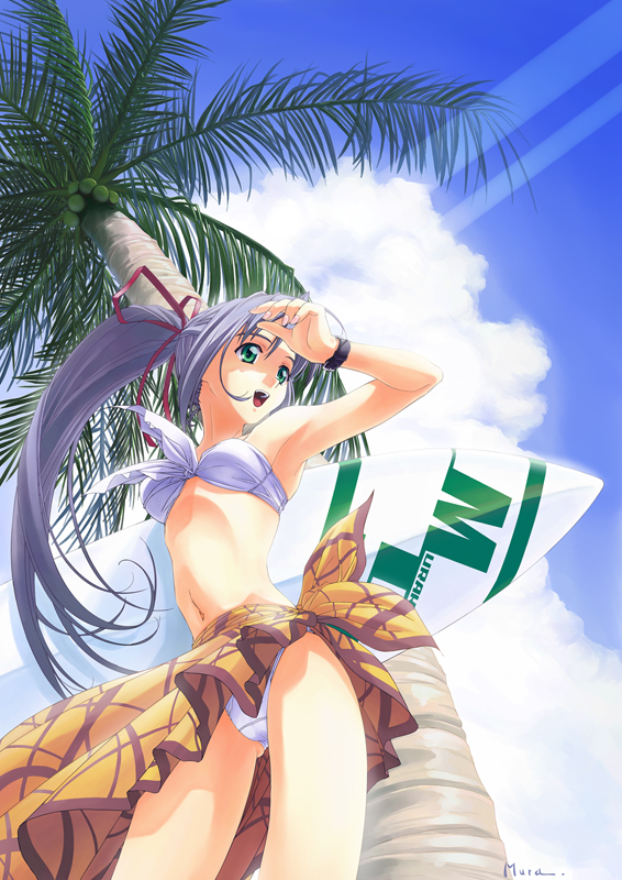 murakami suigun, f-ism, original, looking away, plaid, 1girl, :d, armpits, bandeau, bare shoulders, bikini, blue hair, cloud, coconut, day, female focus, foreshortening, from below, front-tie top, green eyes, hair ribbon, holding, light rays, long hair, nail polish, navel, open mouth, outdoors, palm tree, ponytail, ribbon, sarong, shading eyes, shadow, sidelocks, signature, sky, smile, solo, standing, sunbeam, sunlight, surfboard, swimsuit, thighs, tree, upskirt, very long hair, watch, white bikini, wristwatch