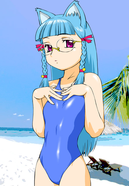 1girl, animal ears, beach, blue hair, blue one-piece swimsuit, braid, cat ears, female focus, glasses, looking at viewer, ocean, one-piece swimsuit, outdoors, ribbon, solo, swimsuit