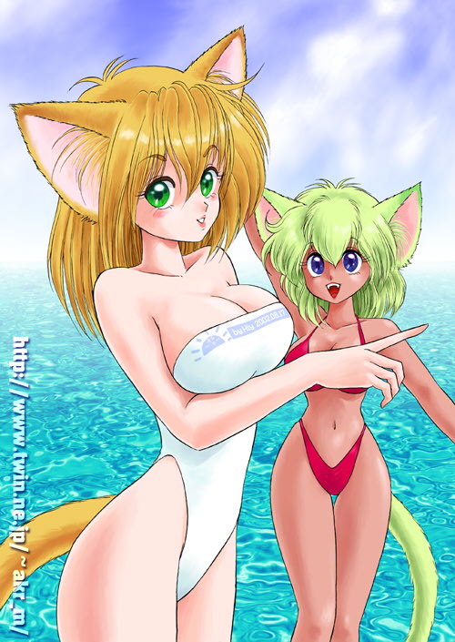 akira m, 00s, 2002, 2girls, animal ears, august, bikini, blue eyes, blush, breasts, brown hair, cat ears, cat girl, cat tail, cleavage, cloud, collarbone, dark skin, dated, fangs, green eyes, green hair, highleg, highleg bikini, large breasts, long hair, looking at viewer, multiple girls, navel, ocean, one-piece swimsuit, open mouth, parted lips, pointing, red bikini, sky, smile, standing, swimsuit, tail, teeth, water, white one-piece swimsuit
