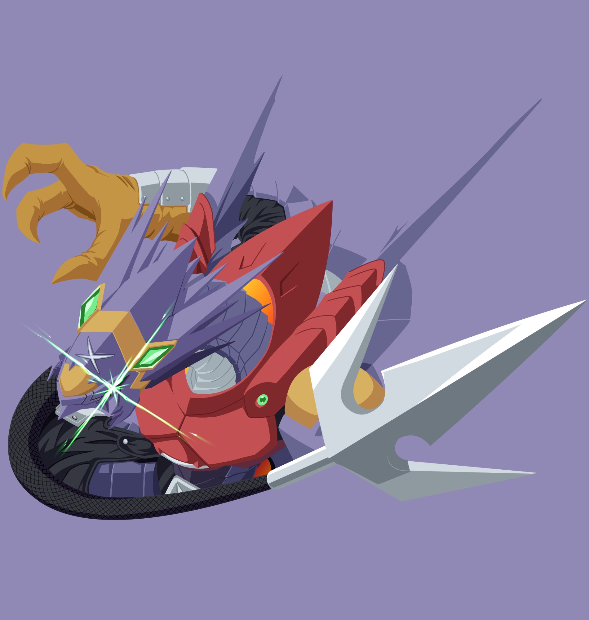 manchi kansuke, arresterdramon, digimon, highres, armor, blending, digimon (creature), dragon, glowing, glowing eye, green eyes, purple background, red armor, simple background, solo, upper body