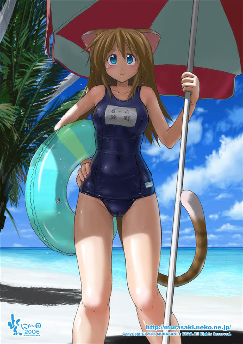 nyanko batake, 00s, 1girl, 2006, animal ears, beach, beach umbrella, blue eyes, blue one-piece swimsuit, blue school swimsuit, blush, breasts, brown hair, cat ears, cat girl, cat tail, cloud, collarbone, covered erect nipples, hand on own hip, long hair, looking at viewer, medium breasts, name tag, ocean, one-piece swimsuit, palm tree, sand, school swimsuit, sky, smile, standing, swimsuit, tail, tree, umbrella, water, wet