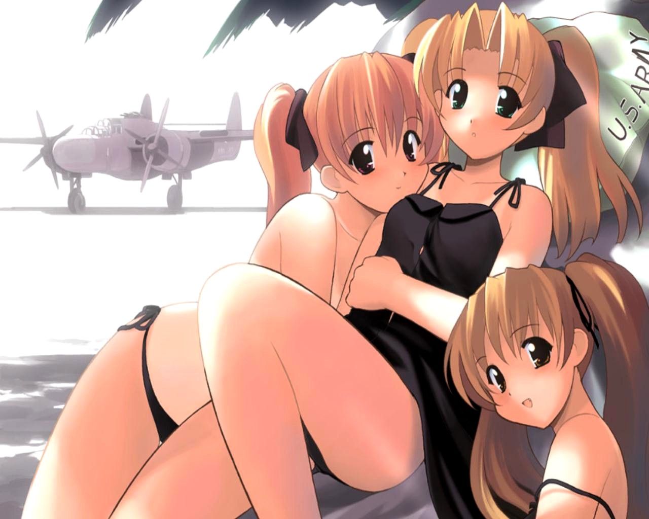 jiji (aardvark), p-61 black widow, original, 3girls, aircraft, airplane, bikini, hair ribbon, military, multiple girls, panties, ribbon, side-tie bikini bottom, swimsuit, twintails, underwear