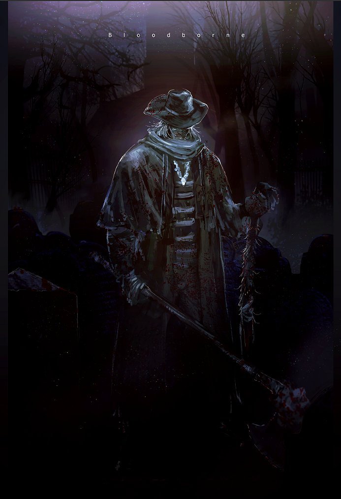 narita imomushi, father gascoigne, bloodborne, commentary request, 1boy, axe, bare tree, black capelet, black coat, black hat, black pants, blood, blood on axe, bloody weapon, building, capelet, chain, chain necklace, church, coat, copyright name, dark, fence, graveyard, grey hair, grey scarf, hat, holding, holding axe, holding limb, holding weapon, iron fence, jewelry, male focus, necklace, necktie, open clothes, open coat, outdoors, pants, scarf, severed arm, severed limb, solo, standing, tombstone, tree, weapon