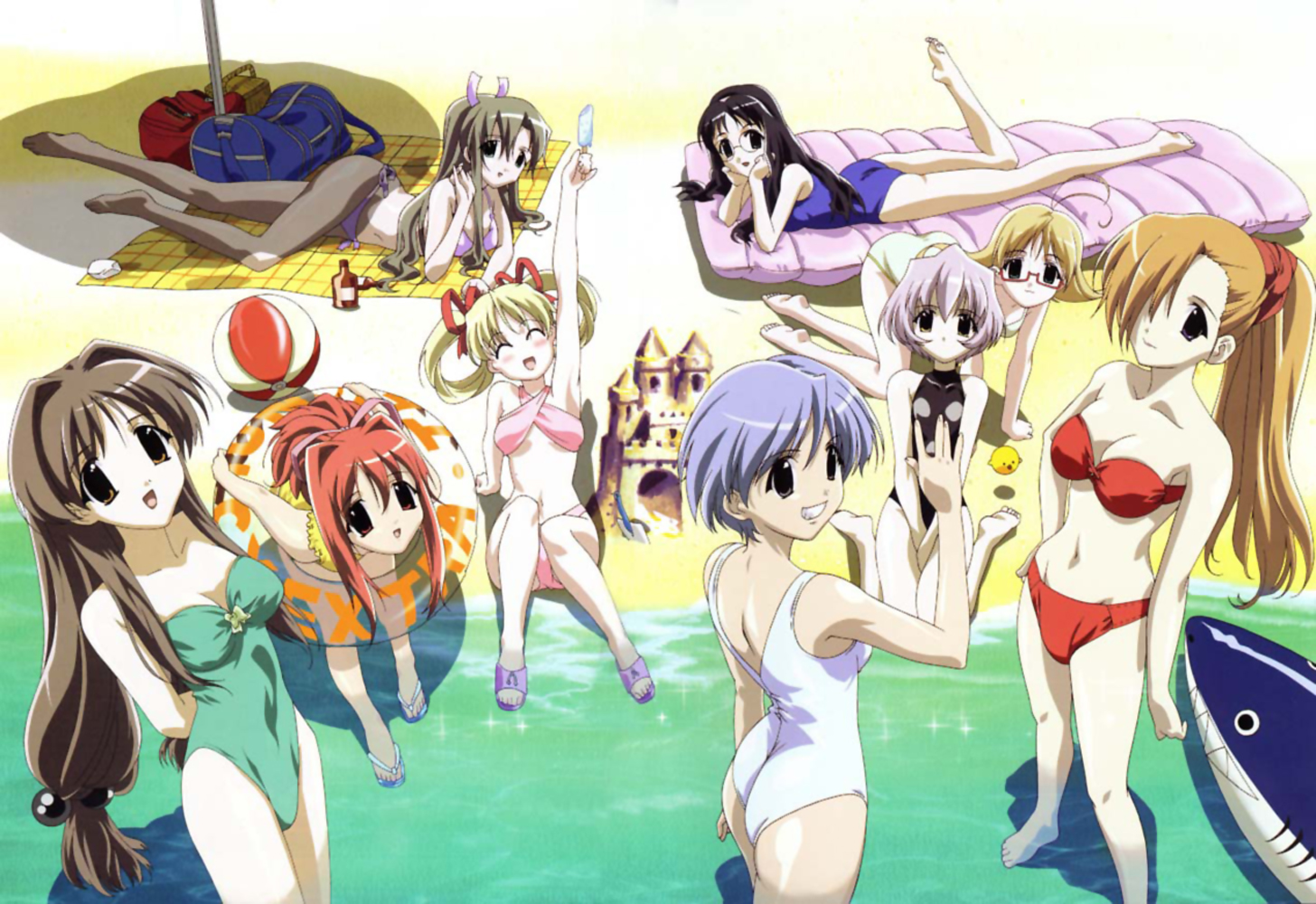 gokajo satsuki, ichimonji mutsuki, nanakorobi fumitsuki, ninomai kisaragi, rokumatsuri minazuki, sanzein yayoi, shitenno uzuki, togakushi kanna, yazakura hazuki, happy lesson, silver hair, 6+girls, all fours, antenna hair, ball, barefoot, beach, beachball, bent over, bikini, black hair, blonde hair, blue hair, brown eyes, brown hair, closed eyes, feet, food, glasses, innertube, kneeling, long hair, lying, multiple girls, ponytail, popsicle, red eyes, red hair, ribbon, short hair, sitting, smile, swimsuit, towel, umbrella