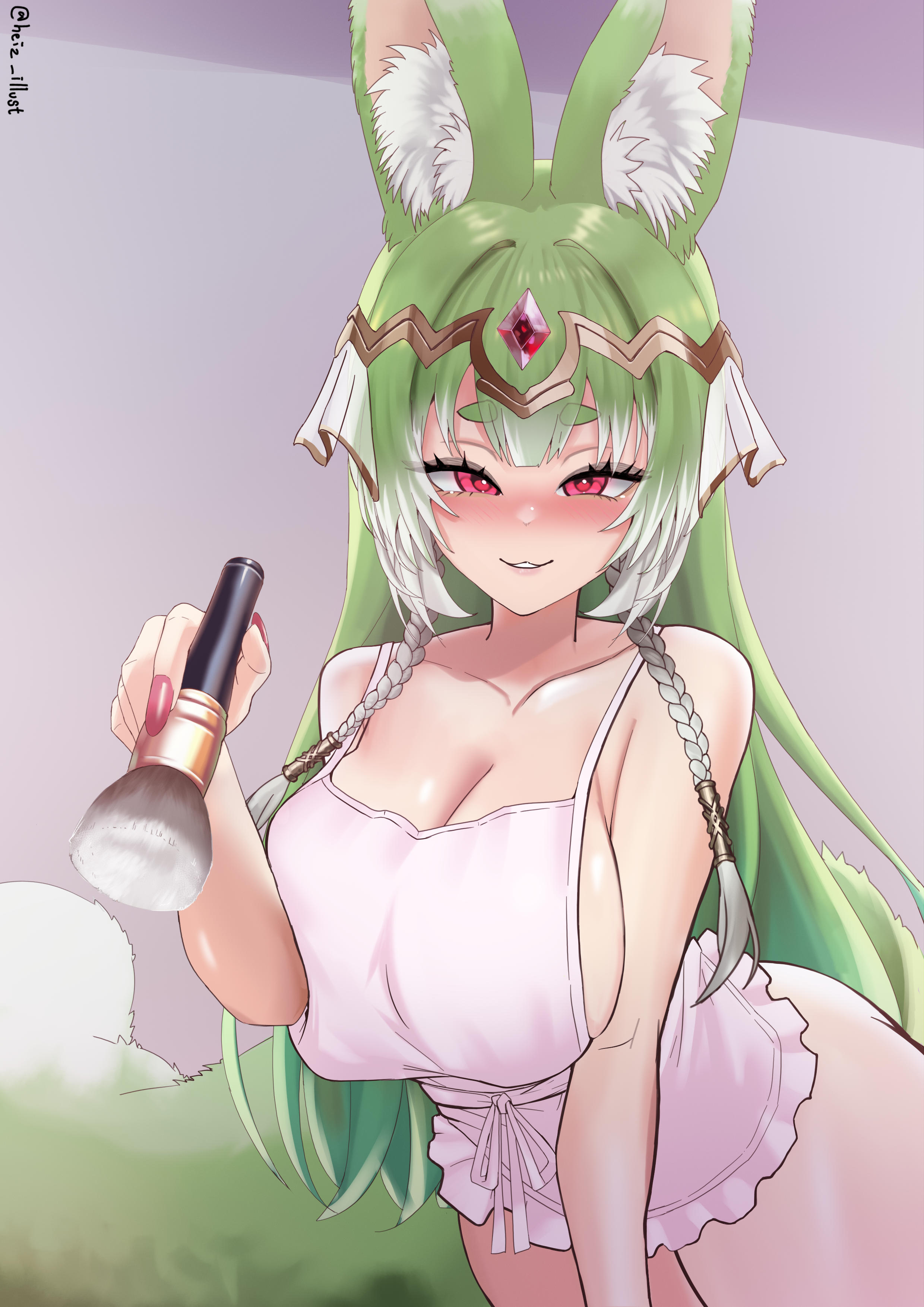 heiz illust, cera luceria, globie, animal ears, apron, braid, breasts, flashlight, green hair, large breasts, naked apron, pink eyes, sideboob, tail, twin braids