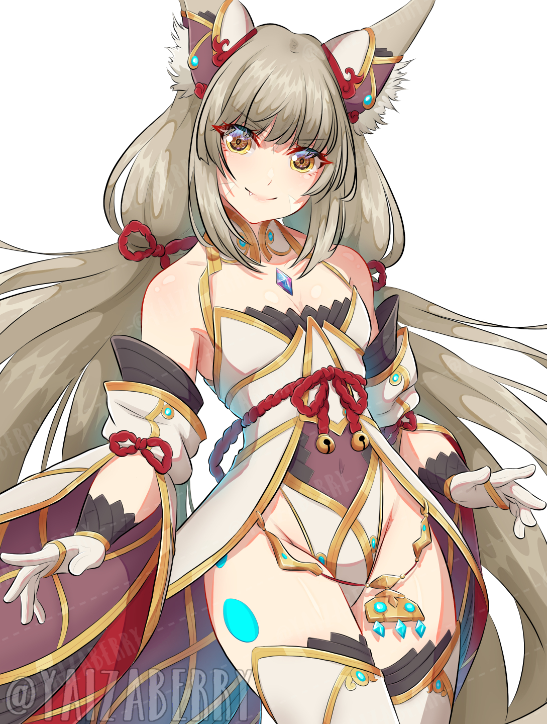 yaizaberry, nia (blade) (xenoblade), nia (xenoblade), xenoblade chronicles (series), xenoblade chronicles 2, highres, 1girl, breasts, brown hair, cowboy shot, dress, grey hair, leotard, long hair, simple background, small breasts, solo, teeth, very long hair, white background, white dress, white leotard