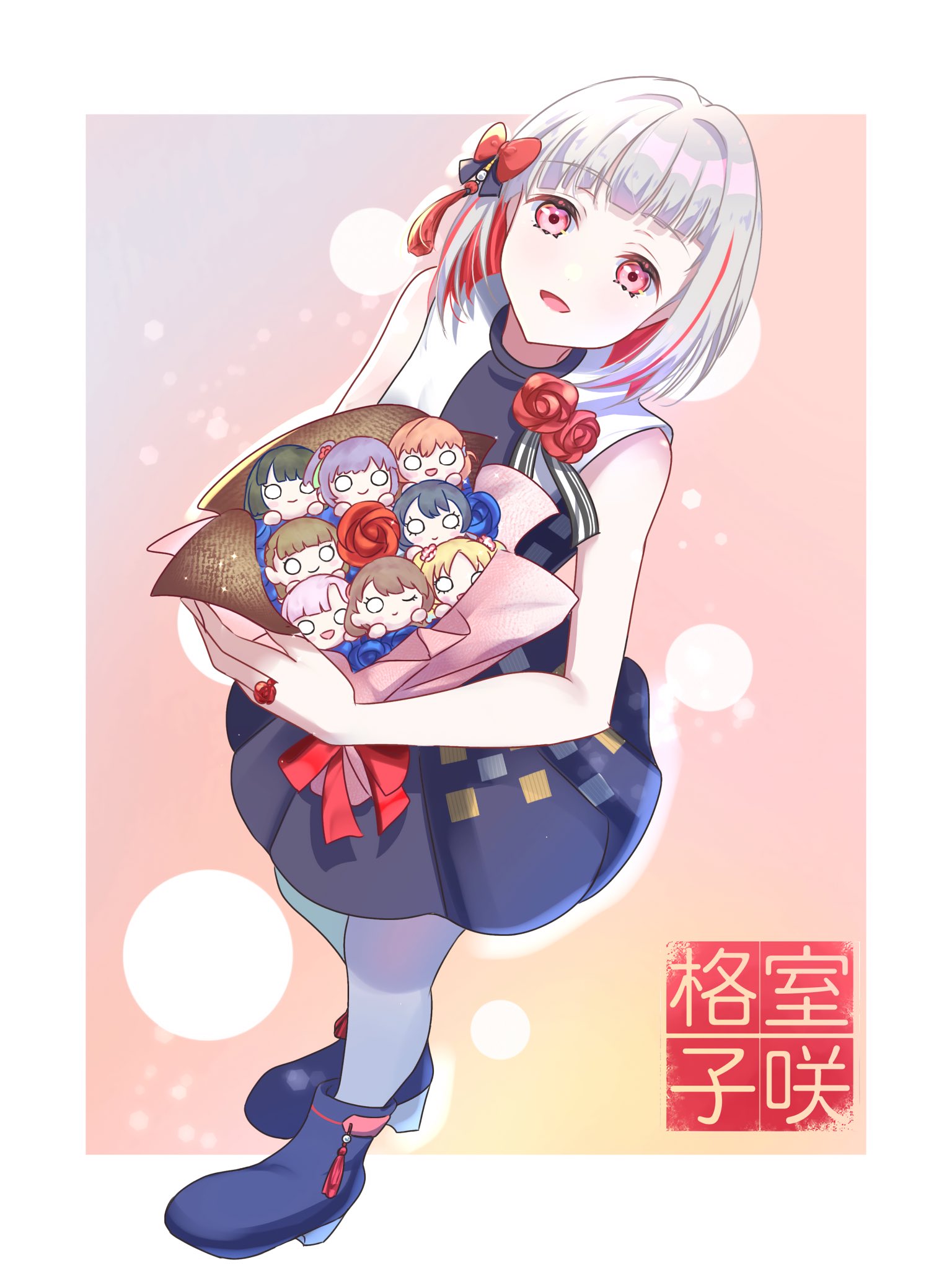 sakari (pear 8 ll), anyoji hime, fujishima megumi, hinoshita kaho, kachimachi kosuzu, momose ginko, murano sayaka, osawa rurino, otomune kozue, yugiri tsuzuri, link! like! love live!, love live!, commentary request, highres, translation request, 1girl, bare shoulders, black dress, blue boots, blue flower, blue rose, boots, border, bouquet, bow, character doll, colored inner hair, doll, dress, flower, grey hair, hair bow, hair intakes, hair ornament, high heel boots, high heels, holding, holding bouquet, multicolored hair, murozaki koushi (love live!), nesoberi, outside border, pantyhose, red flower, red hair, red rose, rose, short hair, sleeveless, sleeveless dress, solo, streaked hair, tassel, tassel hair ornament, white border, white pantyhose