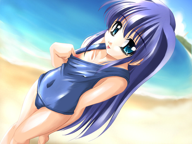artist request, character request, copyright request, 1girl, beach, blue eyes, blue hair, blue one-piece swimsuit, blue school swimsuit, cloud, collarbone, covered erect nipples, flat chest, loli, long hair, looking at viewer, nipples, ocean, one-piece swimsuit, sand, school swimsuit, sky, smile, standing, swimsuit, swimsuit tug, tongue, tongue out, water
