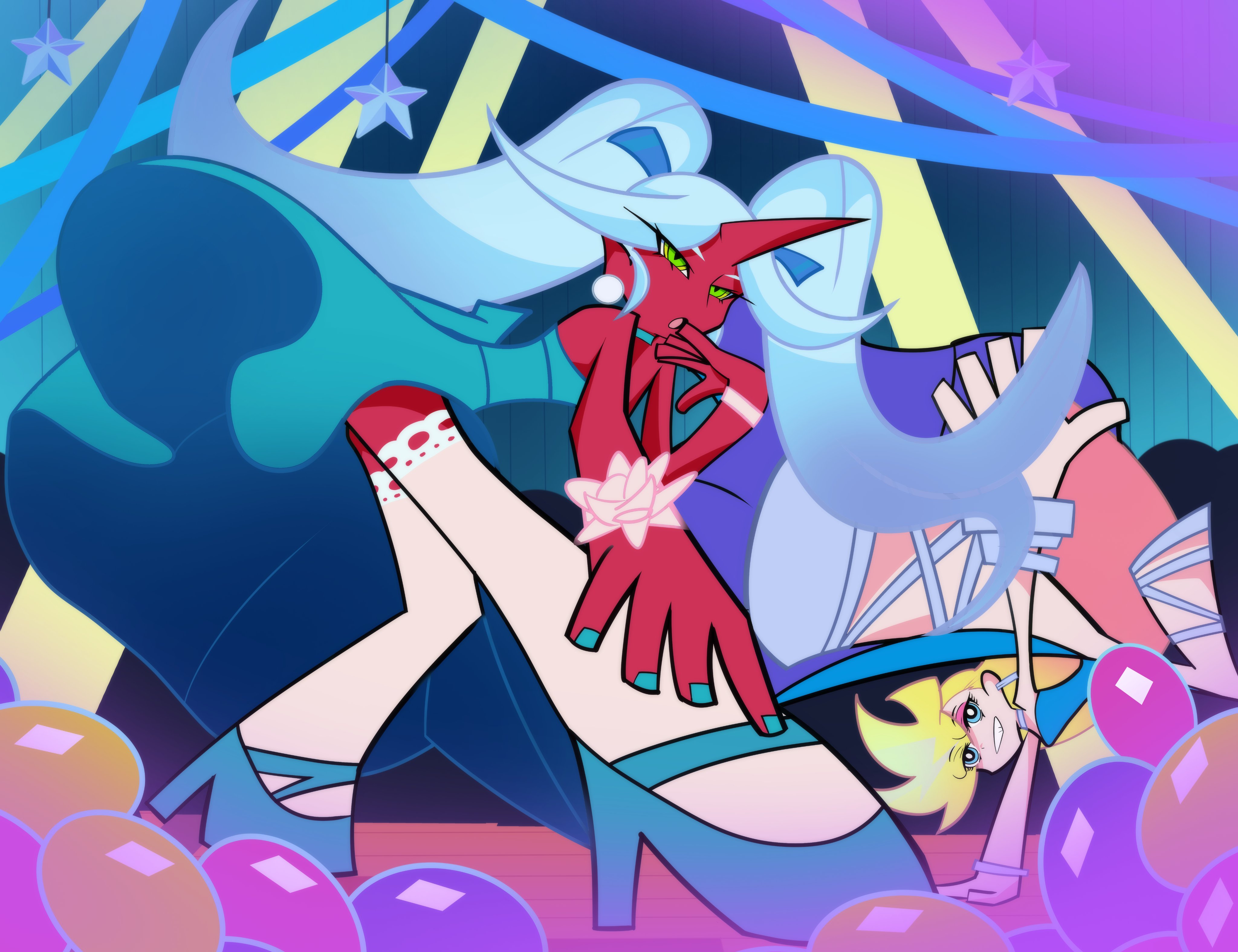 kneesocks (psg), panty (psg), panty & stocking with garterbelt, covered pussy, absurdres, highres, 2girls, blonde hair, blue dress, blue eyes, blue ribbon, demon girl, drawingmuscles, dress, earrings, green eyes, hair ribbon, horns, jewelry, long hair, multiple girls, ribbon, single horn