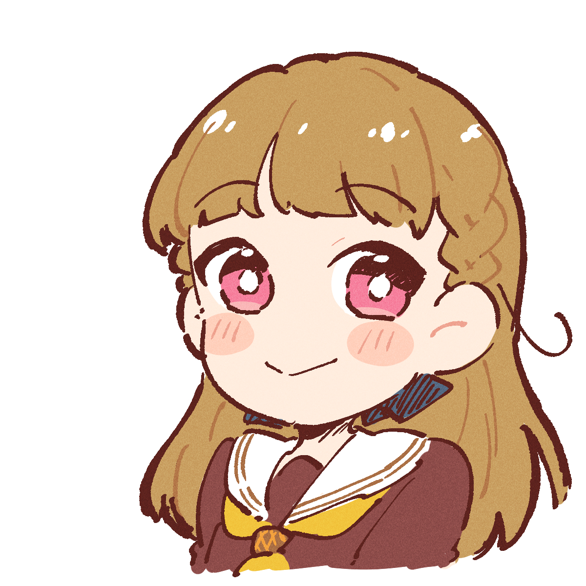 sakuma yoru, kachimachi kosuzu, link! like! love live!, love live!, commentary, highres, 1girl, black bow, blush, bow, braid, center-flap bangs, closed mouth, cropped torso, deformed, dress, hair bow, hasu no sora school uniform, long hair, looking at viewer, neckerchief, pink eyes, sailor collar, sailor dress, school uniform, side ahoge, side braids, simple background, smile, solo, split mouth, upper body, virtual youtuber, white background, white sailor collar, winter uniform, yellow neckerchief