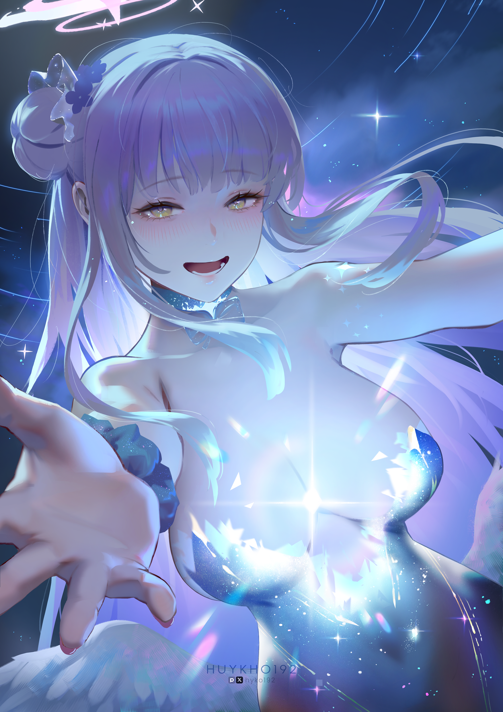 huykho192, mika (blue archive), blue archive, absurdres, highres, 1girl, angel wings, breasts, detached collar, dutch angle, feathered wings, hair bun, halo, large breasts, leotard, long hair, looking at viewer, low wings, outstretched arms, pink hair, pink halo, scrunchie, single side bun, solo, strapless, strapless leotard, white wings, wings, wrist scrunchie, yellow eyes