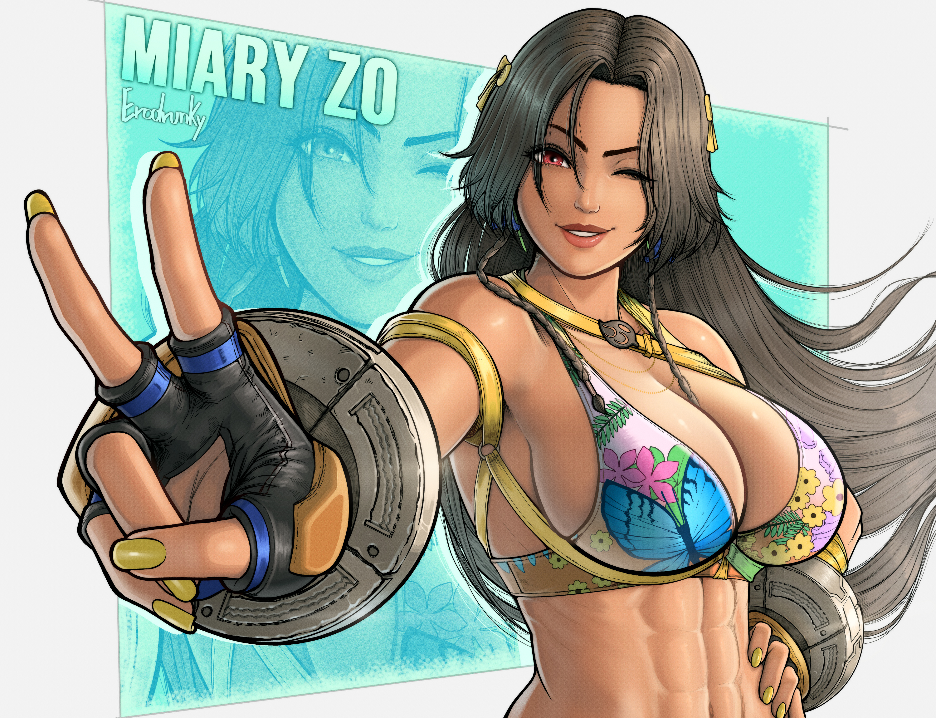 erodrunky, miary zo, tekken, tekken 8, highres, 1girl, abs, black gloves, black hair, breasts, dark-skinned female, dark skin, gloves, hand on own hip, long hair, looking at viewer, red eyes, smile, solo, upper body, v, yellow nails