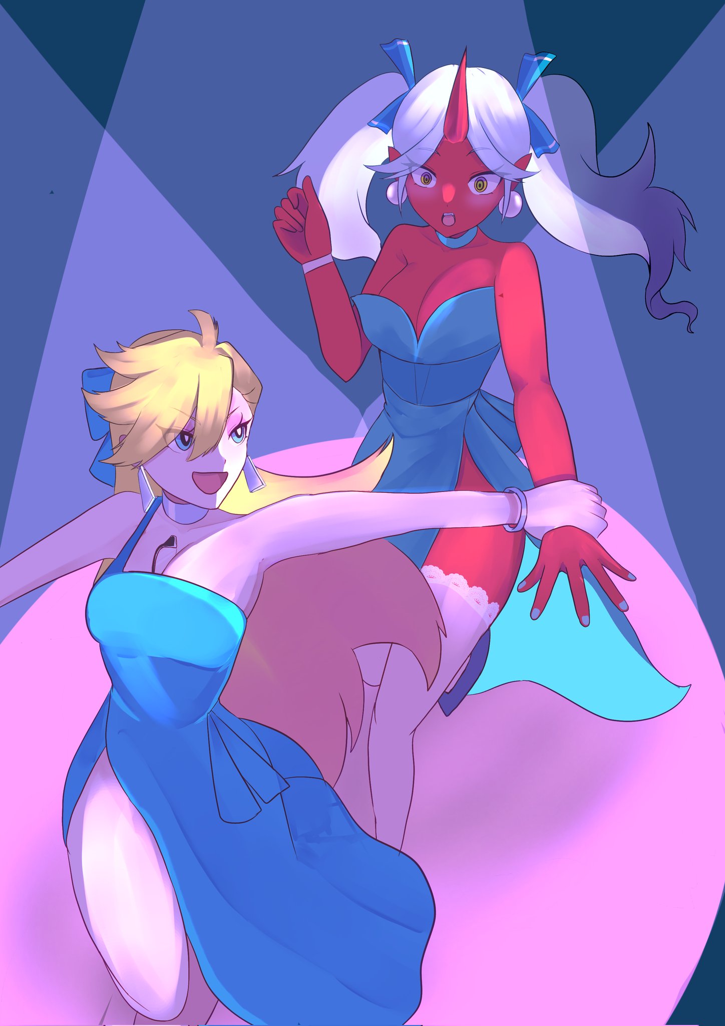 kanikama0522, kneesocks (psg), panty (psg), panty & stocking with garterbelt, highres, 2girls, blonde hair, blue dress, blue eyes, blue ribbon, demon girl, dress, earrings, green eyes, hair ribbon, horns, jewelry, long hair, multiple girls, ribbon, single horn