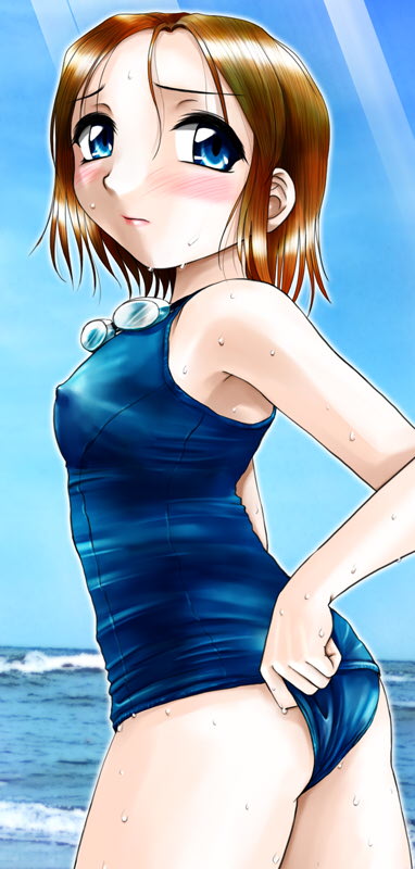 tagme, 1girl, blue eyes, brown hair, one-piece swimsuit, school swimsuit, swimsuit