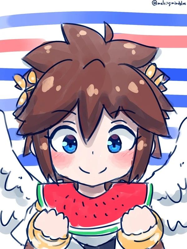 aonori106, pit (kid icarus), kid icarus, kid icarus uprising, nintendo, bad id, bad pixiv id, 1boy, ahoge, angel, angel wings, blue eyes, brown hair, food, fruit, male focus, solo, split mouth, upper body, watermelon, watermelon slice, wings