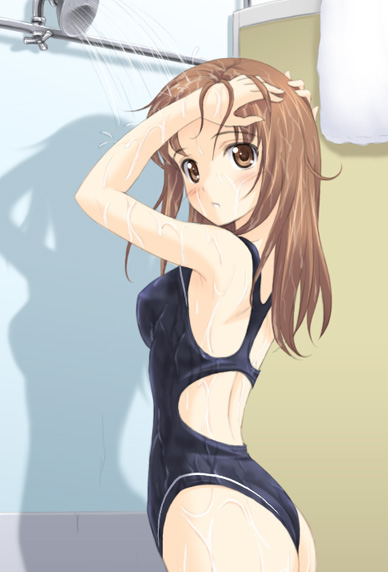 masakichi (crossroad), kawada tomoko, kimi kiss, cropped, 1girl, ass, blush, brown eyes, brown hair, competition swimsuit, female focus, flat ass, long hair, looking at viewer, one-piece swimsuit, shadow, showering, solo, standing, swimsuit, wet